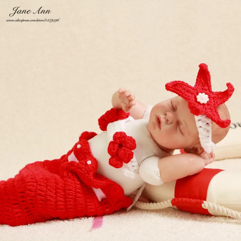 Джейн Z Ann Русалочка baby shower новорожденных реквизит для фотосъемки новорожденных девочек красный синий наряды хлопок пряжа крючком повязка на голову+ бюстгальтер+ хвост подарок - Цвет: Red