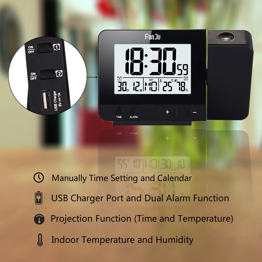 fanju fj3531 projection digital temperature humidity clock electronic lcd thermometer hygrometer alarm projector weather station free global shipping