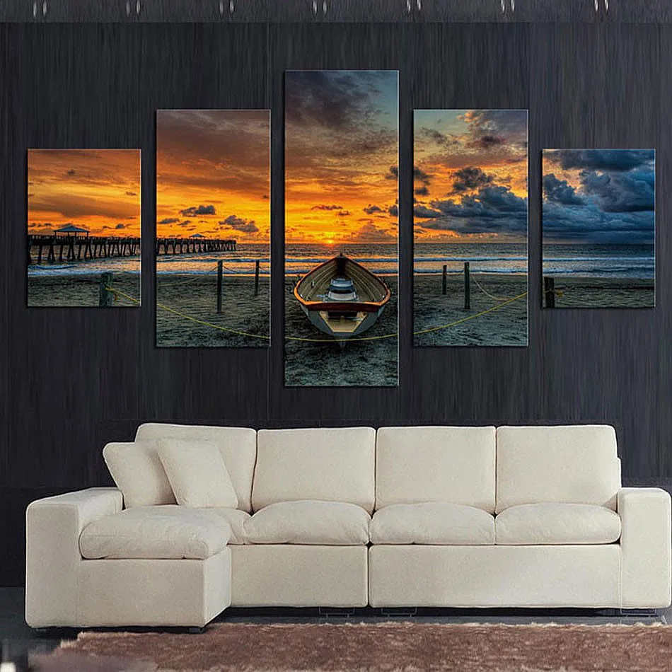 Modular Vintage Art Canvas Wall 5 Panel Seascape And Boat Home Decor Print Painting Tableau Picture For Living Room Poster | Дом и сад