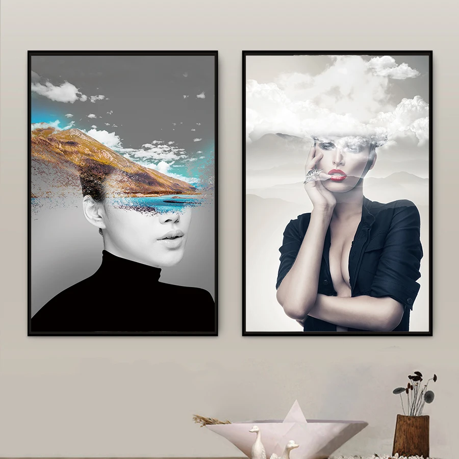Nordic Minimalist Black and White Posters Prints Art Pictures Abstract Beautiful Women with Cloud Figure Canvas Paintings | Дом и сад