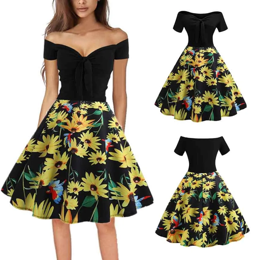 Женское короткое платье с открытыми плечами в винтажном стиле|Женские платья| |