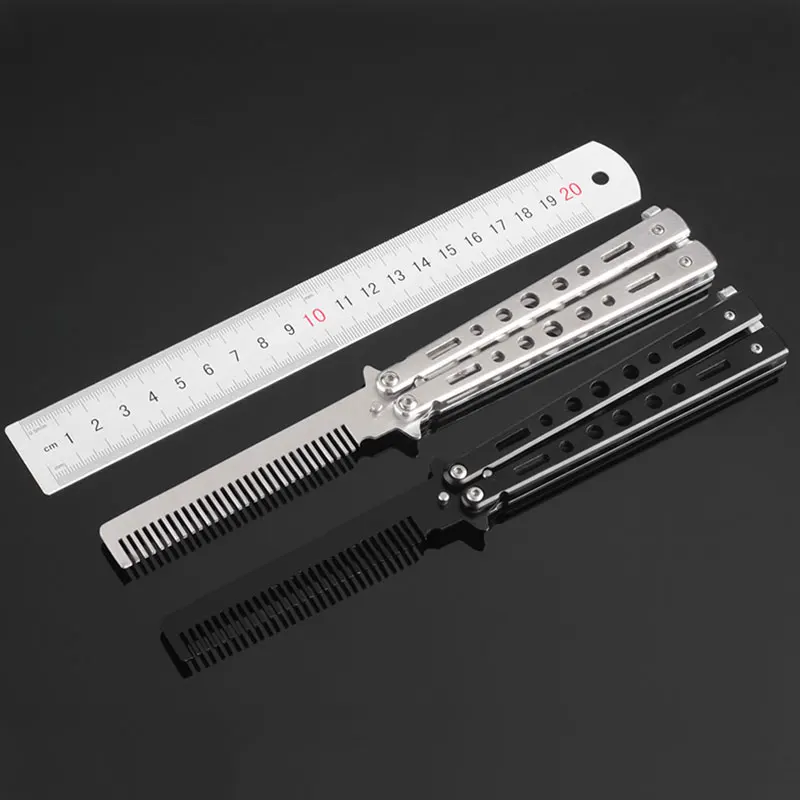 Pro Salon Stainless Steel Folding Practice Training Butterfly Balisong Style Comb Tool QRD88