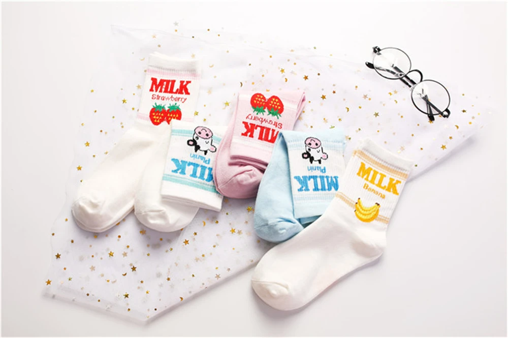 Новые женские носки без пятки ulzzang, молоко, клубника, банан, корова, соккен, для девочек, Осень-зима, рисунок с фруктами, молоко, теплые удобные хлопковые носки