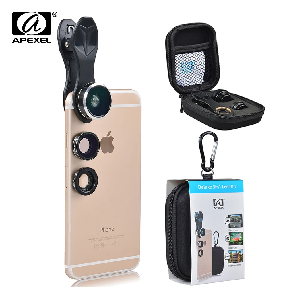 APEXEL 3in1 Клип сотовый смартфон Камера объектив Комплект 198 градусов рыбий глаз + 0.63X