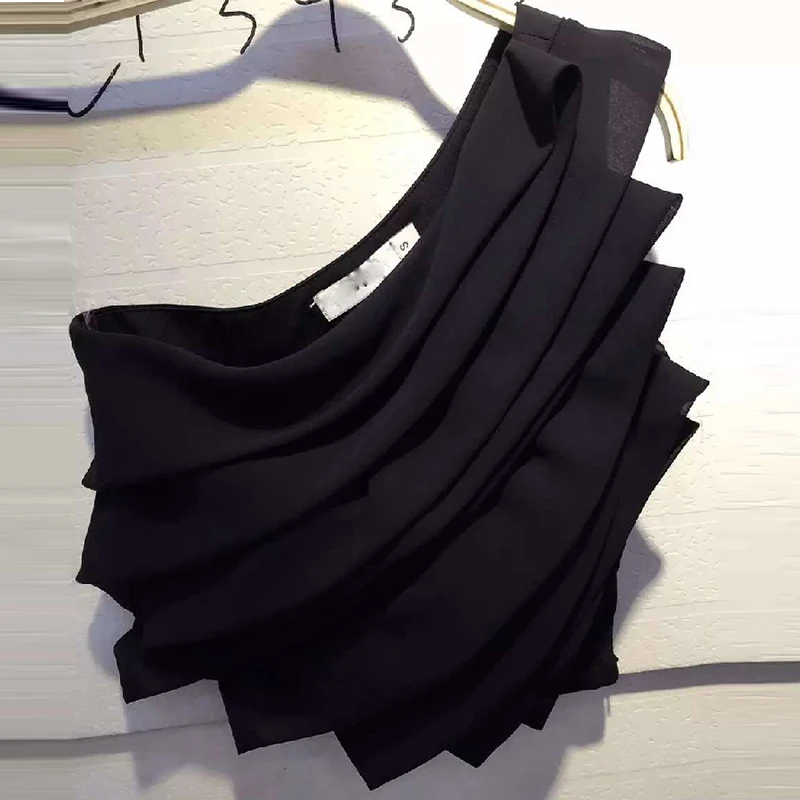 Black CHICEVER, шифоновые женские топы, сексуальные, на плечах, неровные, плиссированные, летние, тонкие, черные, женская рубашка,, модная, Новинка - Цвет: Black