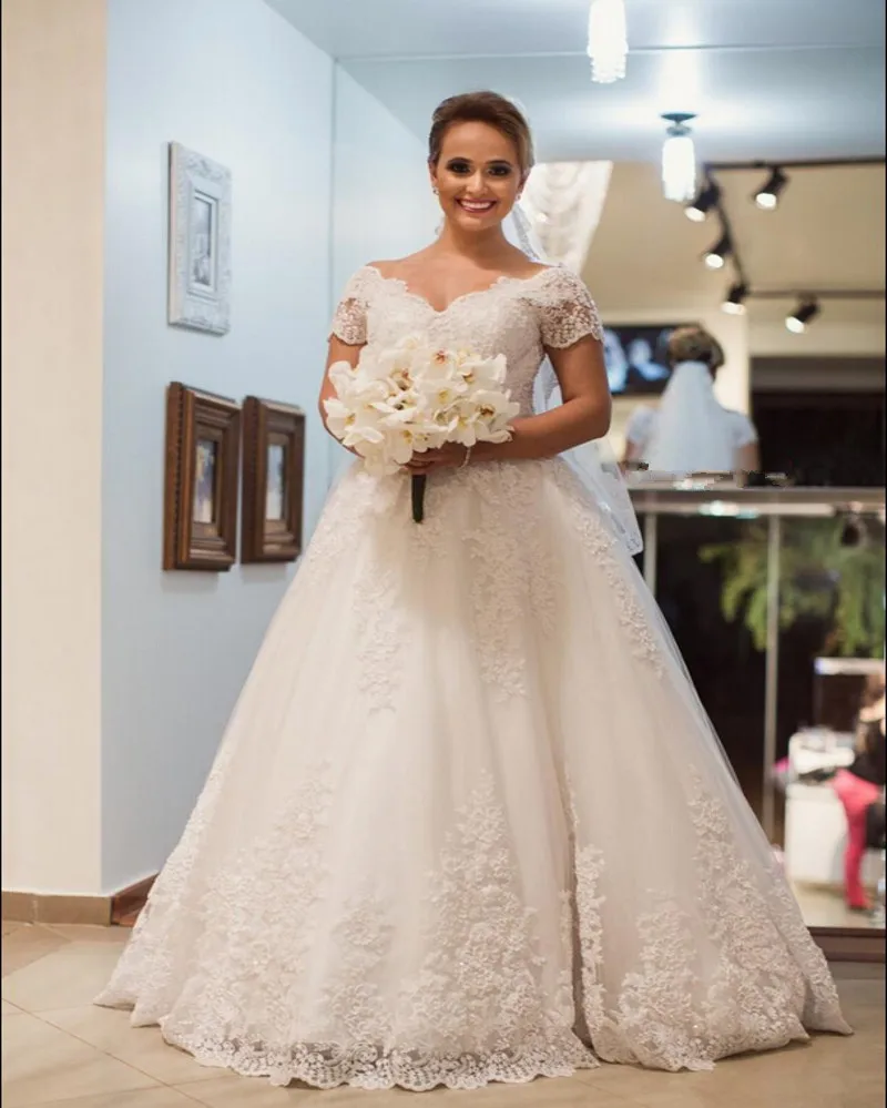 

2021 женское свадебное платье, сексуальное кружевное платье с V-образным вырезом и коротким рукавом, романтичное Тюлевое платье-трапеция с ап...