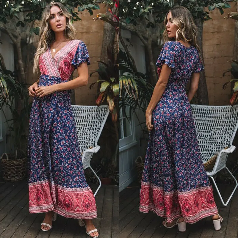 2019 летние Для женщин Boho Цветочные туника с коротким рукавом вечернее пляжное