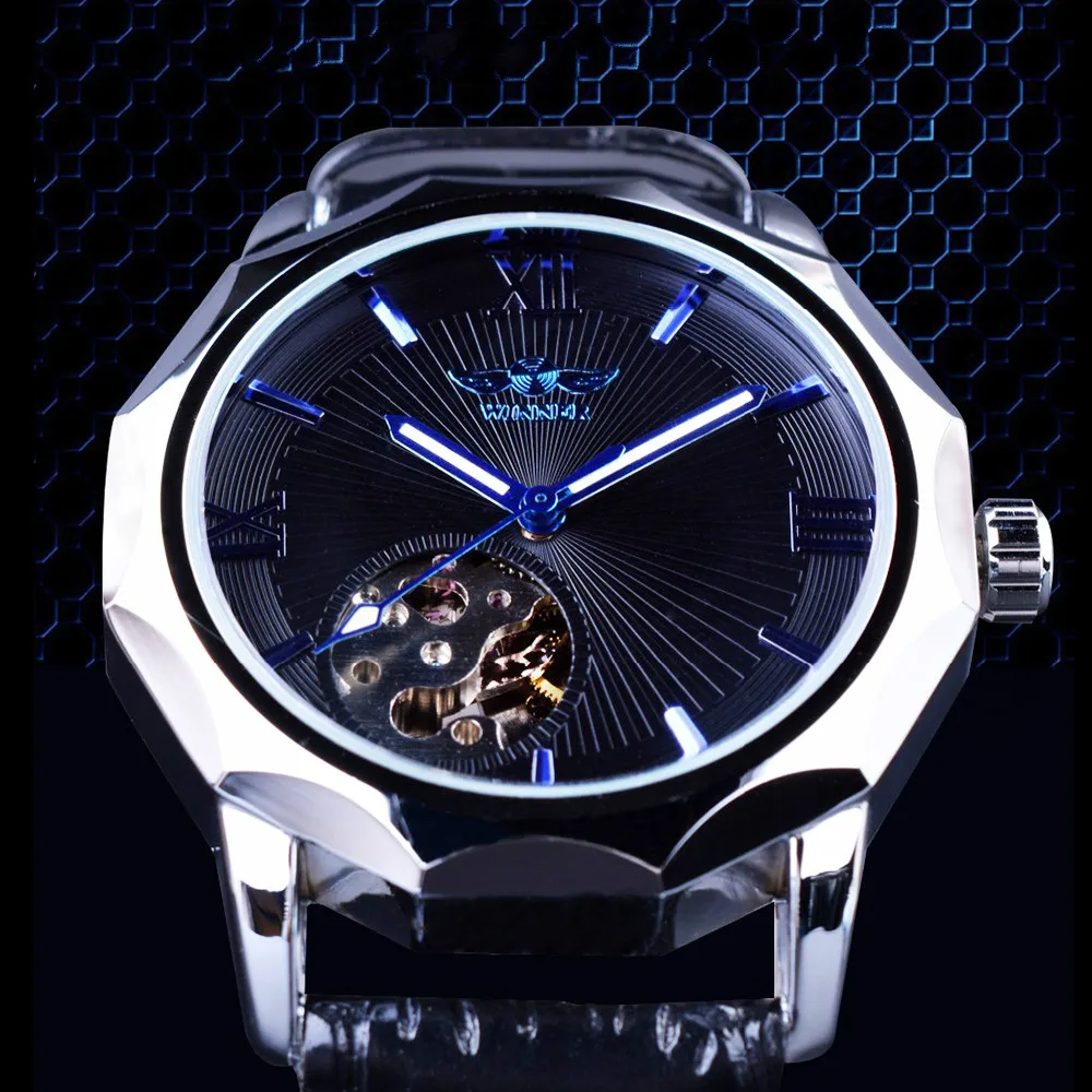 

Winner Transparent Automatic Skeleton Mens Watches Top Brand Luxury Blue Ocean Geometry Design Dial Mechanical Watch Male Clock
