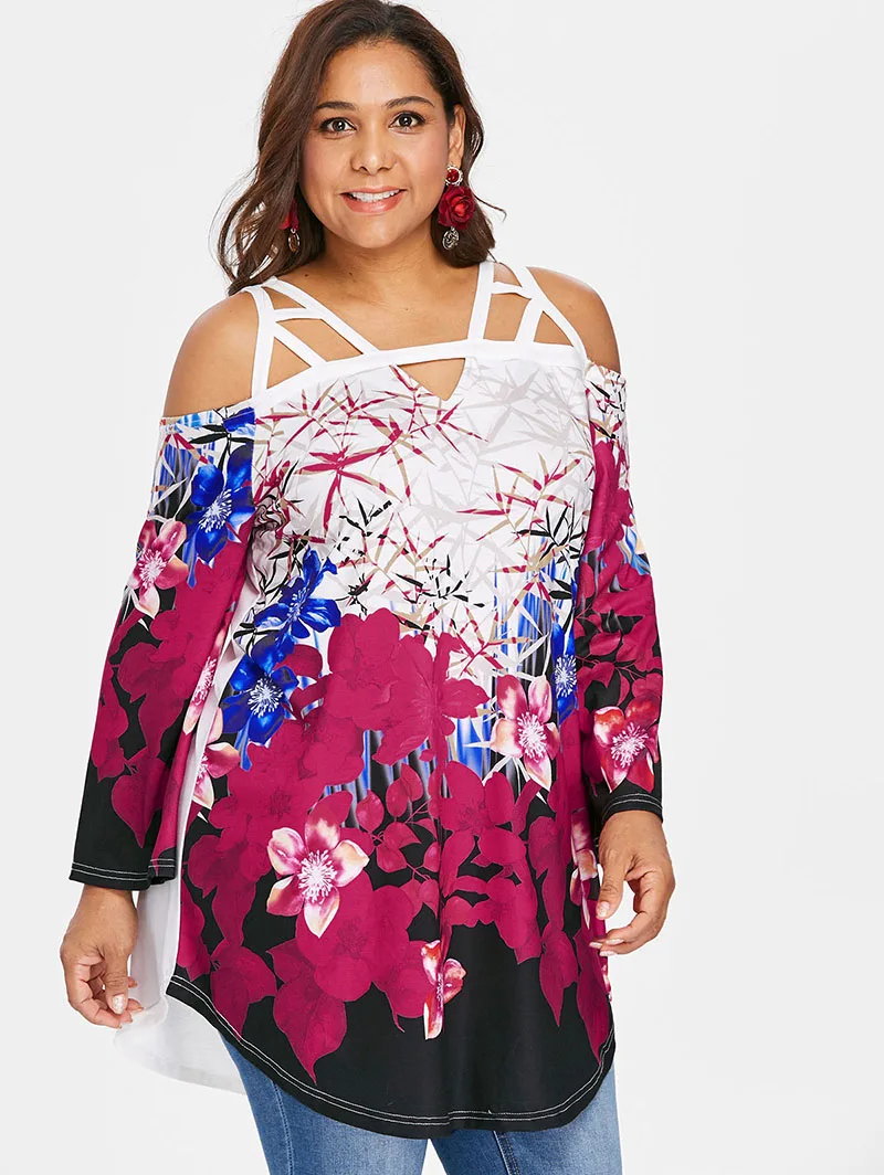 PlusMiss плюс размер цветочный принт Boho холодное плечо Туника Длинные Топы 5XL