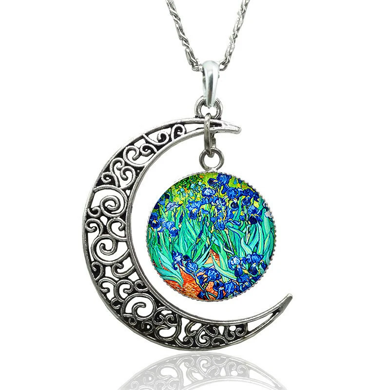Ожерелье с подвеской в виде звездной ночи Ван Гога стеклянный кабошон полумесяц