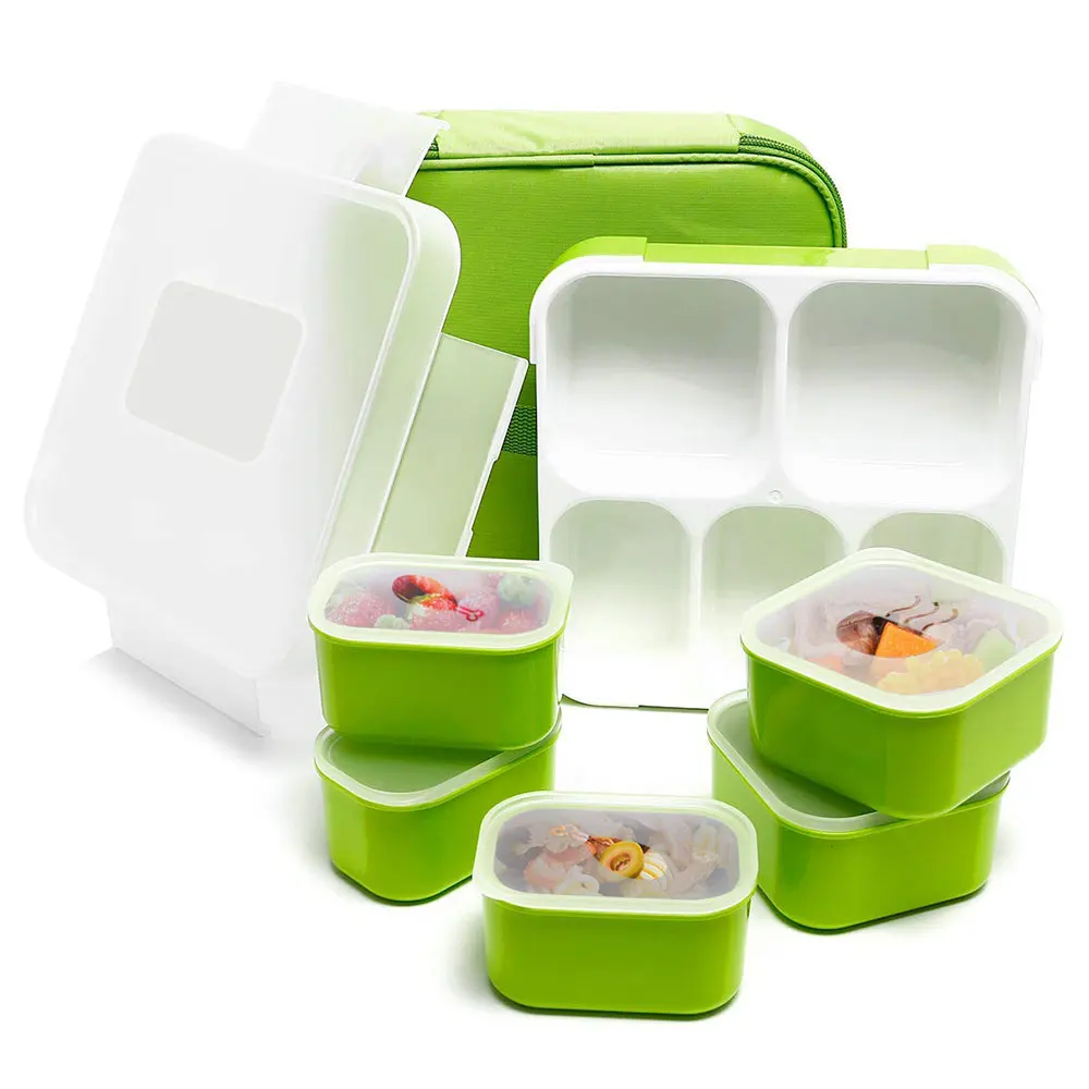 Зеленый Ланч бокс контейнер для еды еда Bento Коробки для обедов Microwavable герметичные коробка с 5 отдельно изолированный отсек едой преп Еда контейнер для хранения box с мешком - Цвет: Зеленый