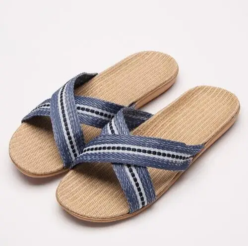 Dark blue COOLSA/мужские пляжные вьетнамки; льняные тапочки в полоску; сандалии на плоской подошве; Домашние льняные тапочки для ванной; мужские шлепанцы - Цвет: Dark blue