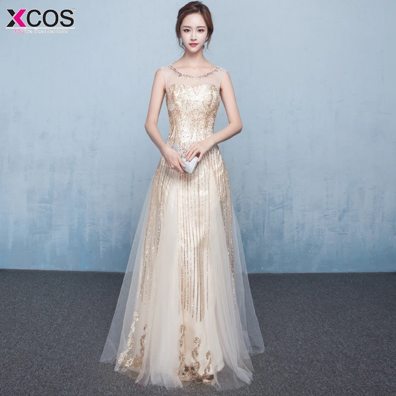 Vestidos largos Xcos женские элегантные цвета шампанского золотое платье с блестками