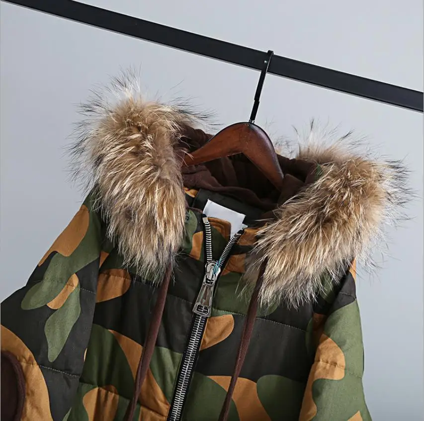 Winter British style good quality Camouflage real duck down coat female fur collar hooded long thicker warm wq717 | Женская одежда
