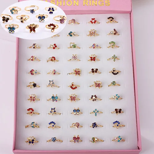 50pcs Разноцветные Регулируемые кольца в виде цветов и золотых кристаллов для маленьких девочек, вечерние украшения в подарочной коробке - Цвет основного камня: 50pcs