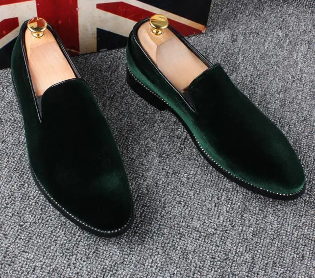 New 2020 Velvet Men Loafers Luxury Brand Shoes Slip on Pointed Toe Party Wedding Fashion Black Green Wine Red | Обувь