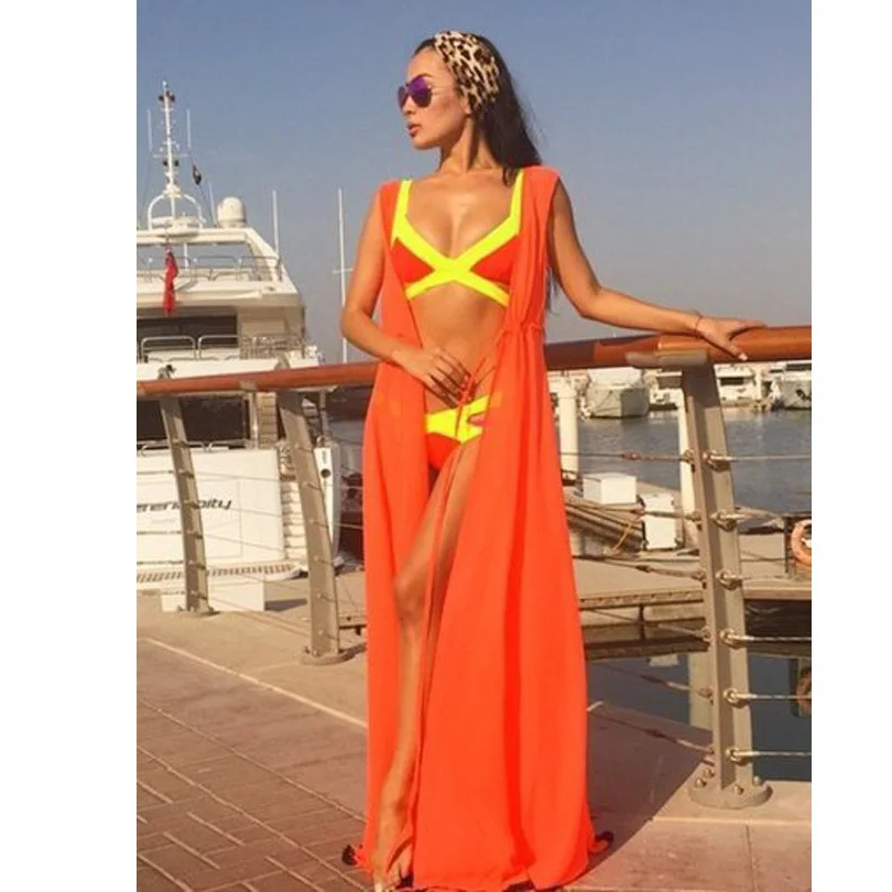 Orange No Sleeve Один размер пляжа пикники Cover up шифон халат Plage Карамельный цвет кафтан платье парео для Для женщин Пляжная туника Саронг купальник - Цвет: Orange No Sleeve