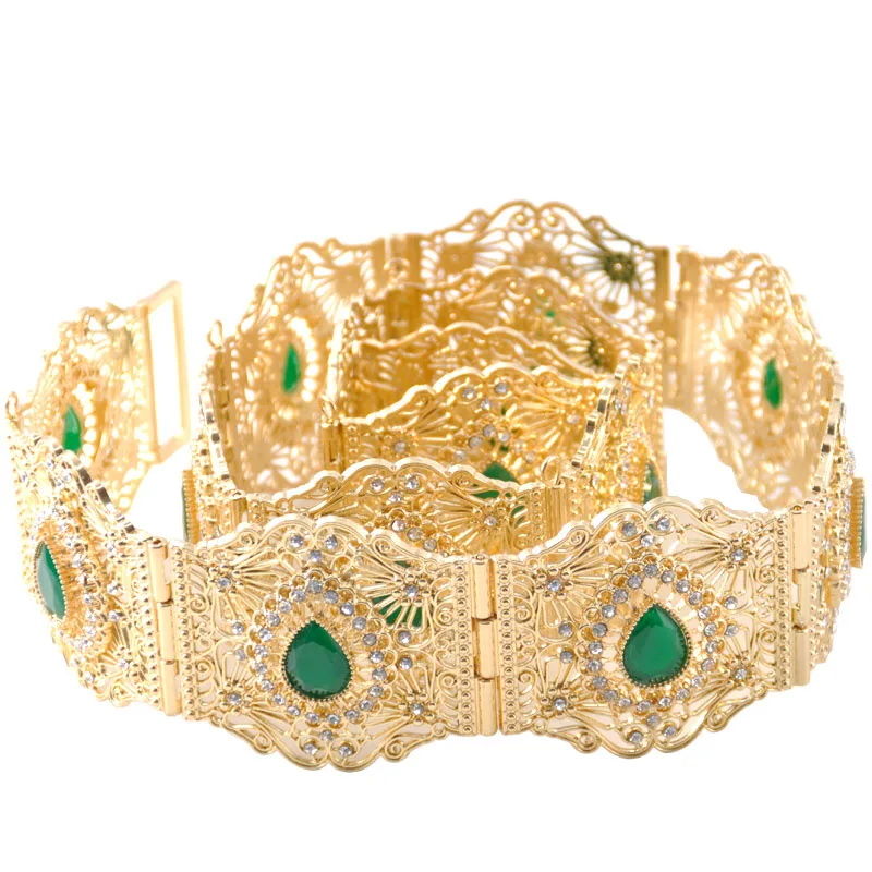 GOLD green Элегантный металлический Свадебный ремень, стразы, винтажные королевские аристократические ювелирные изделия золотистого и серебристого цвета, регулируемый ремень с кристаллами - Цвет: GOLD green