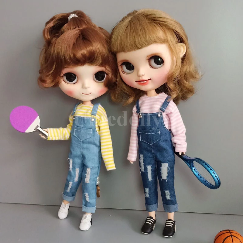 1 шт., милая футболка в полоску джинсовые штаны на лямках для Blyth, Azone S, OB24, Одежда для кукол, комбинезоны, аксессуары