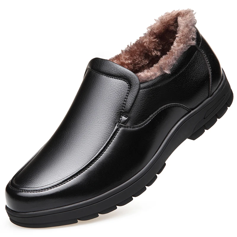 Russia Style Winter Men Leather Boots Fashion Slip On Driving Loafers Plush Male Warm Snow Breathable Flats Shoes MUHUISEN | Обувь