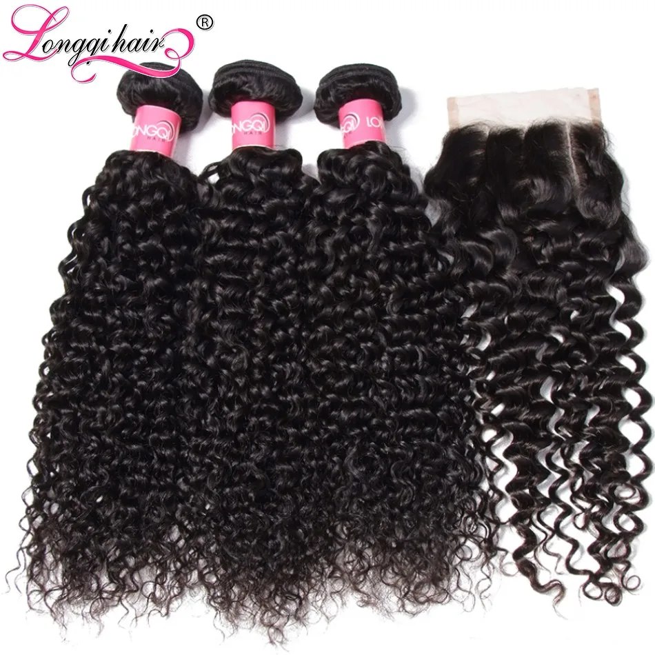 Longqi hair бразильский Реми человеческие волосы пряди с закрытием вьющиеся человеческие волосы 3 пряди с Закрытие 4x4 закрытие волос человеческие волосы переплетения