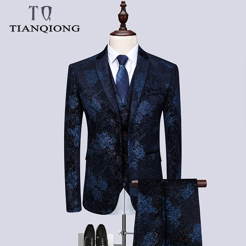Мужские костюмы для свадьбы темно синие из 3 предметов с цветами и брюками