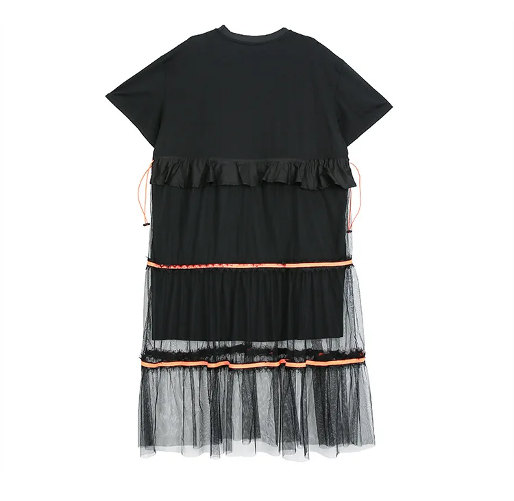 

Summer dress ladies dress 2019 summer new stitching mesh dress personality large size sleeve short sleeve dress 190161