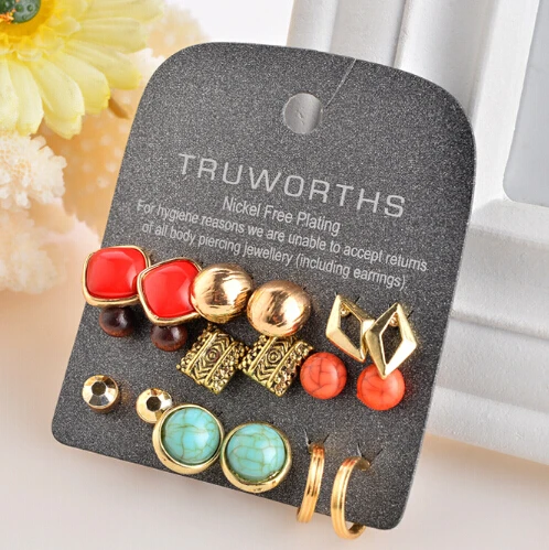 

fashion jewelry red square gold lip Stud Earrings combination Earrings set for 9 fashion stud earring nickel free