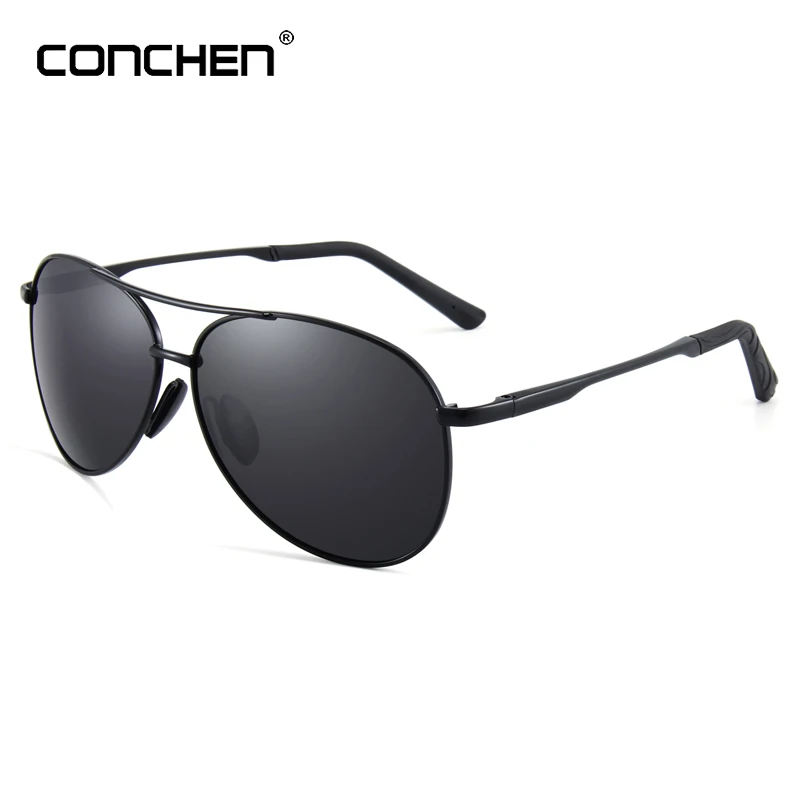 Black CONCHEN Pilot Polarized Sunglasses Men Women Metal Frame Spring Hinge Driving Sun Glasses Male Retro Sunglasses - Lenses Color: Black