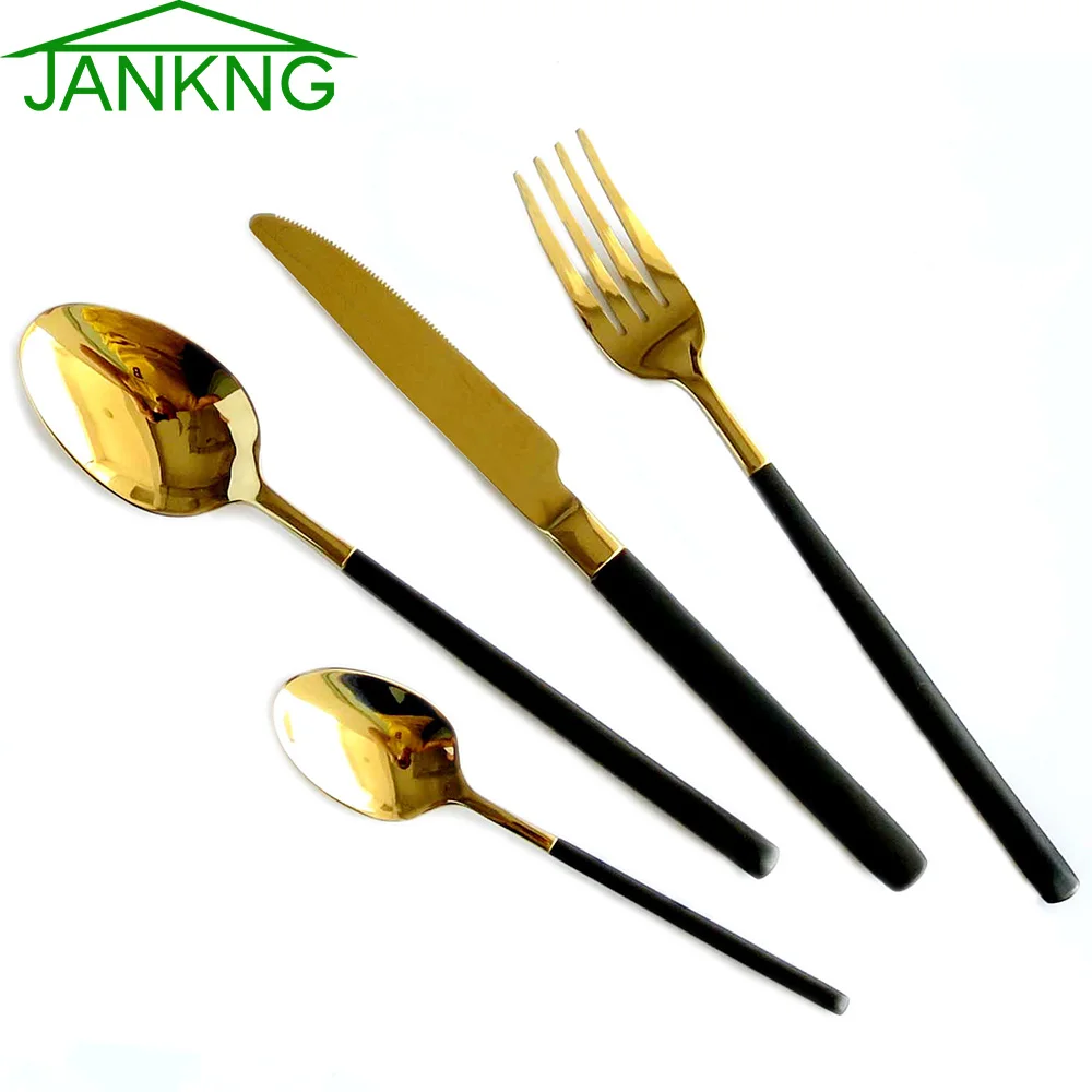 JANKNG 24 шт./лот 24K набор золотых столовых приборов из полированной нержавеющей