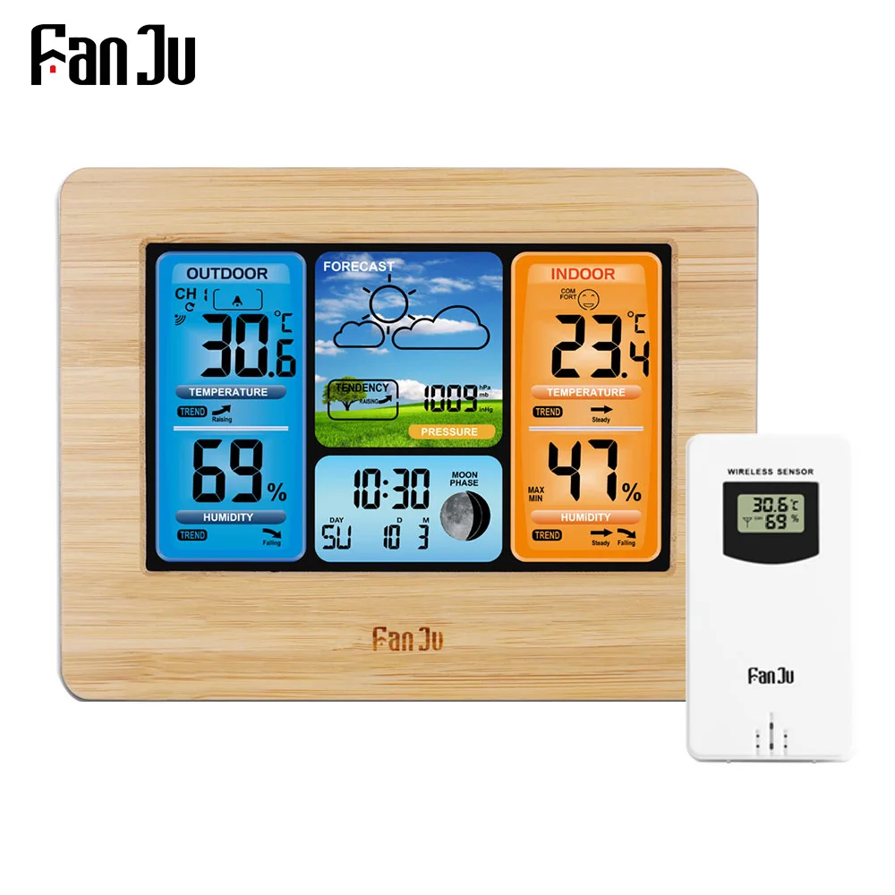 

FanJu FJ3373 Digital Forecast Weather Station Wall Alarm Clock Temperature Humidity Backlight Snooze Function USB Table Clocks