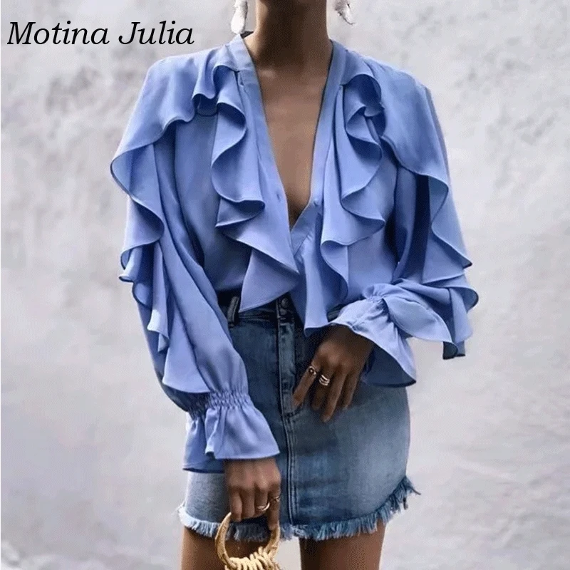 Мотина Юлия chic рюшами женские блузки рубашки 2019 Новинка весны v образным вырезом
