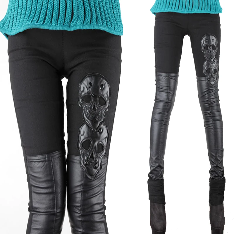 Женские кожаные брюки облегающие большого размера с принтом в виде черепа стиле