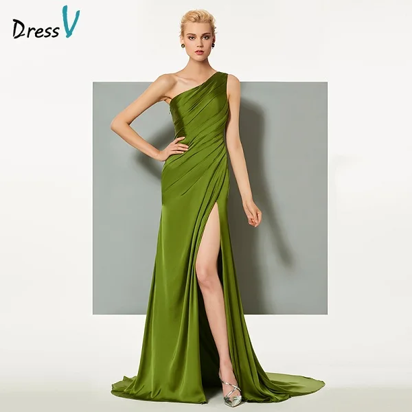 Dressv, зеленое элегантное вечернее платье, облегающее, со шлейфом, на одно плечо, с разрезом спереди, для свадьбы, вечеринки, торжественное платье, колонна, вечернее платье es - Цвет: As the picture