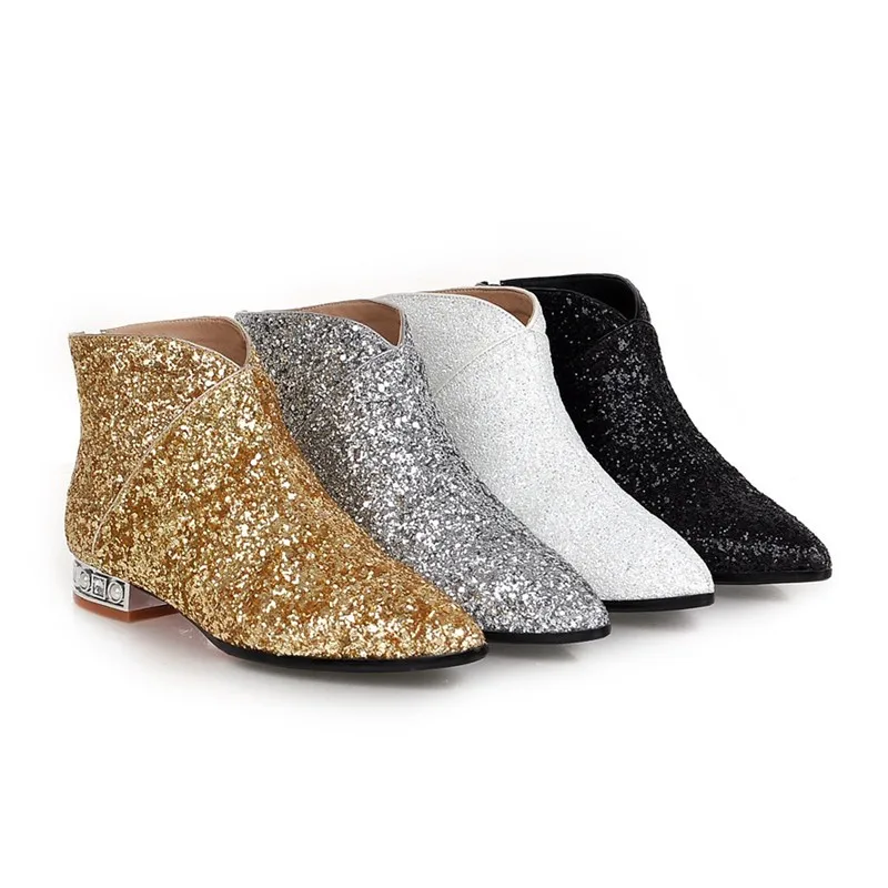 Женские блестящие ботинки ENMAYLA черные серебристые золотистые полусапожки на