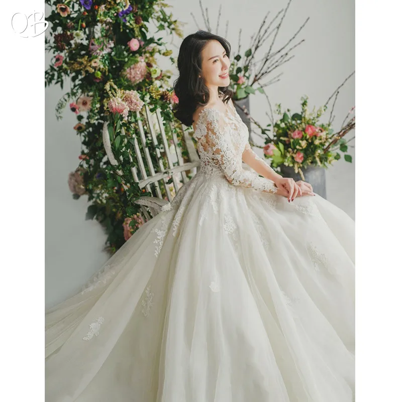 Custom Made A-line Backless Long Sleeve Tulle Lace Appliques Wedding Dresses Formal Simple Bridal Gowns DW10 | Свадьбы и торжества