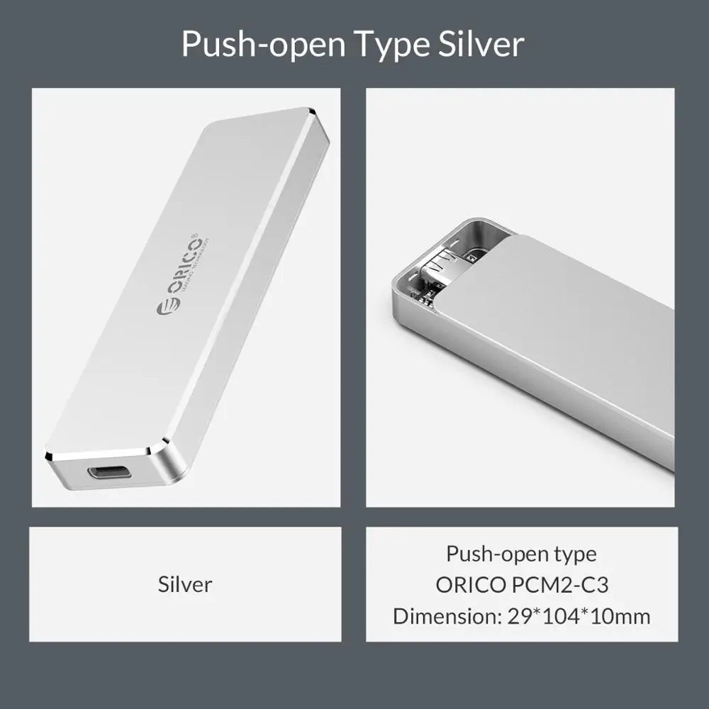 ORICO M.2 SSD корпус 10 Гбит/с Поддержка UASP протокол USB3.1 Gen2 type-C Mini SSD Чехол-зажим/Push-open type с кабелем type-C - Цвет: Push-open Silver