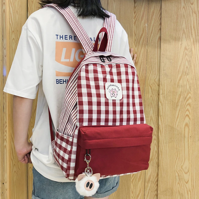 Student Female Pig Plaid Backpack Cute Women Canvas School Bags Girl Kawaii Backpack Fashion Book Ladies Teenage Bag Luxury New