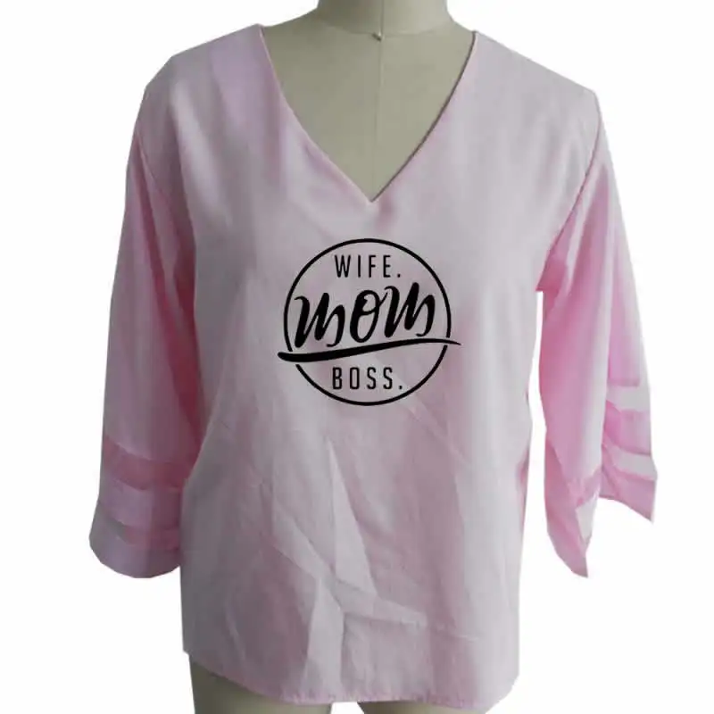 

2018 New Fashion WIFE Mom BOSS Print Top Harajuku Tshirt Mesh Stitching Plus Size Hollow V-neck Half Sleeve for Woman Tops