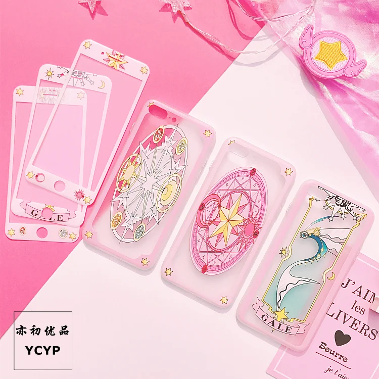 For iphone X Cardcaptor Sakura Case +Tempered Glass Screen film Pink Sailor Moon case for 6 6S plus 7 7plus 8 8plus |