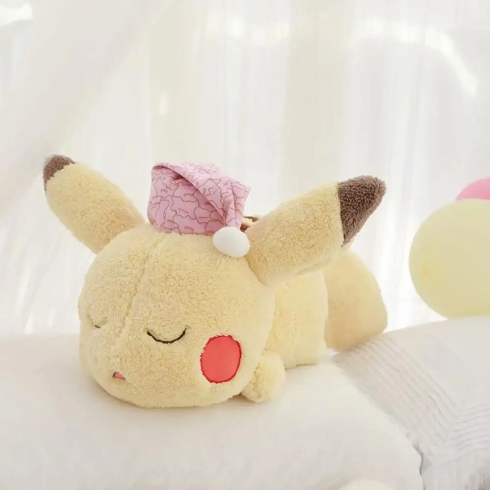 Pikachu 33X28cm Kawaii Pikachu плюшевая аниме игрушка супер мягкая детская подушка для сна розовая шапка застенчивый сонный Пикачу Кукла игрушки для мальчиков и девочек игра кукла подарок - Цвет: Pikachu 33X28cm