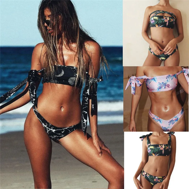 

Women Floral Print Swimwear Suspenders Bandage Bikini Set Push-up Padded Bathing Suit Brazilian Biquini Swimsuit Maillot De Bain