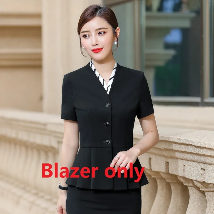 Black Blazer Only Летние Формальные женские юбочные Костюмы Блейзер и куртка наборы Дамская рабочая одежда Деловая одежда короткий рукав черный - Цвет: Black Blazer Only