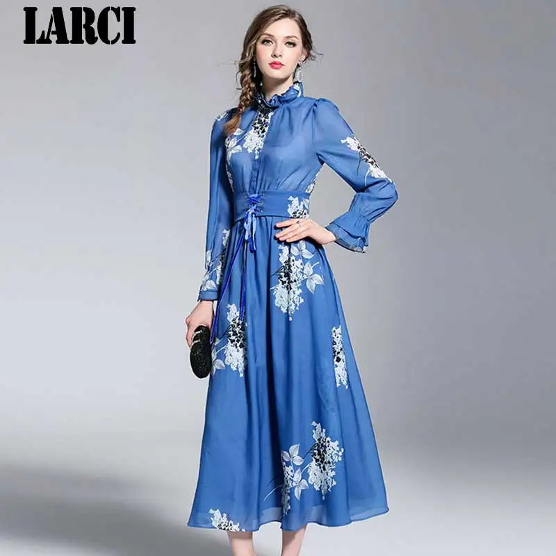 LARCI дамы с цветочным принтом длинным рукавом платье макси Vetement Femme 2018 осень Для