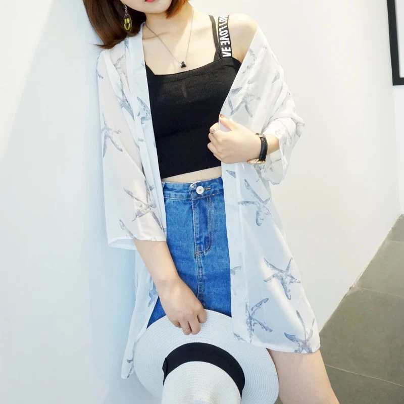 Модная женская рубашка с длинным рукавом Blusas куртка длинная свободная повседневная Sunblock укороченный шифоновый кардиган с принтом кимоно