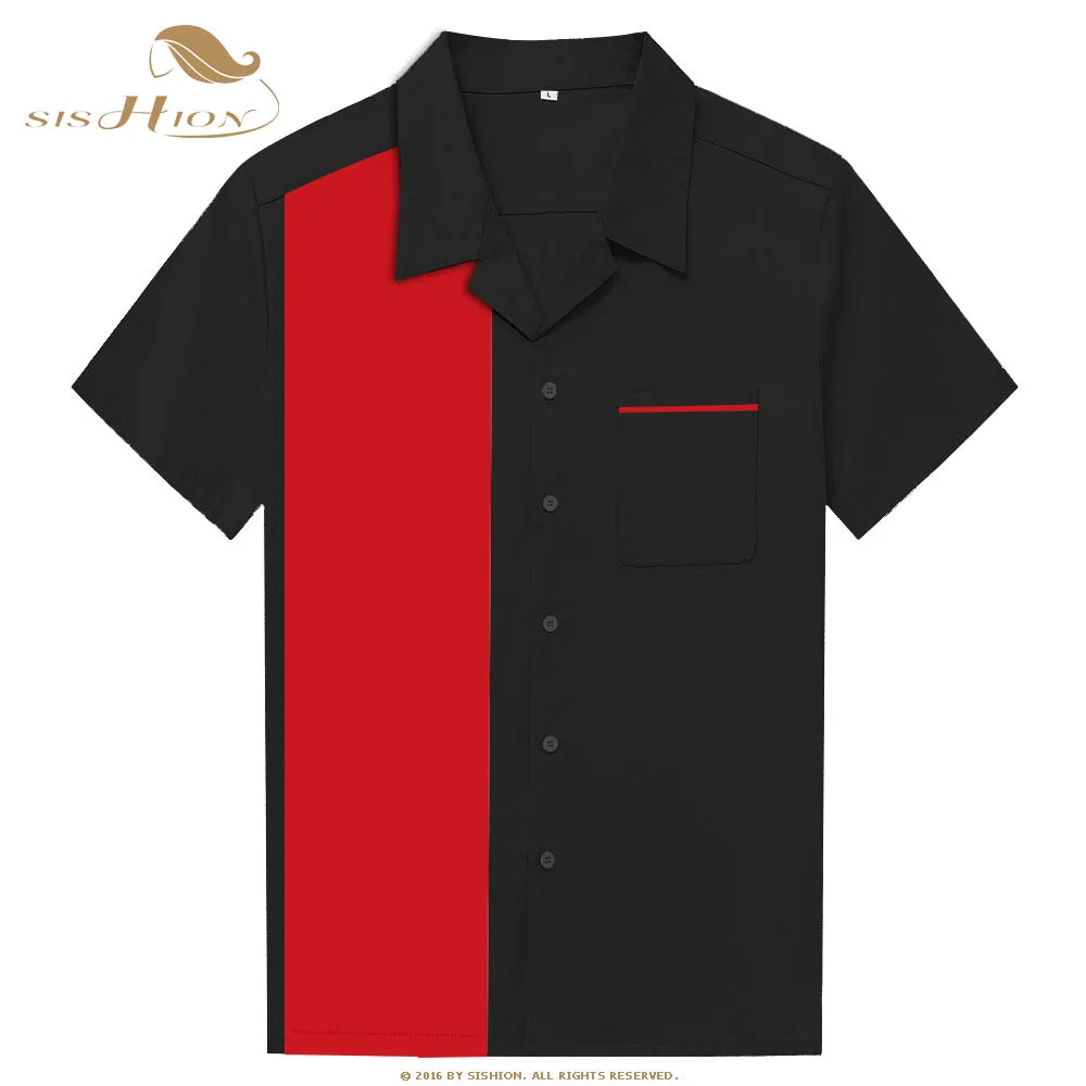 

SISHION Black and Red Patchwork Men bowling Shirt ST110 2022 Summer Retro Vintage casual shirt men camisas hombre manga corta