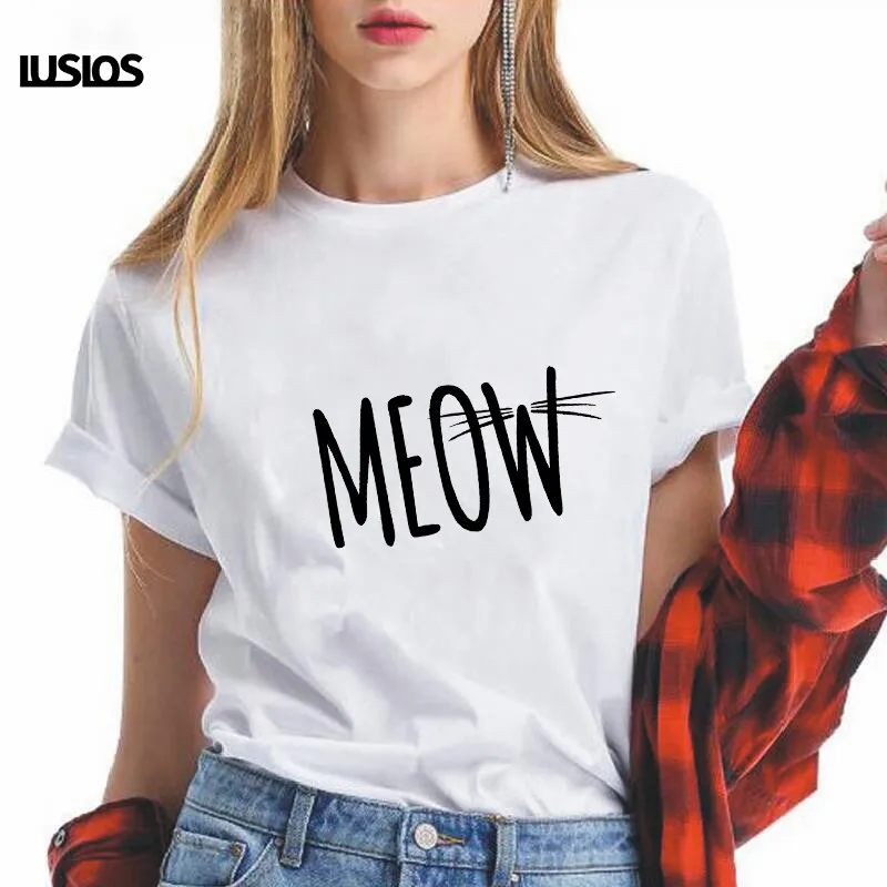 Футболка LUSLOS MEOW женская с надписью Повседневная рубашка круглым вырезом милый