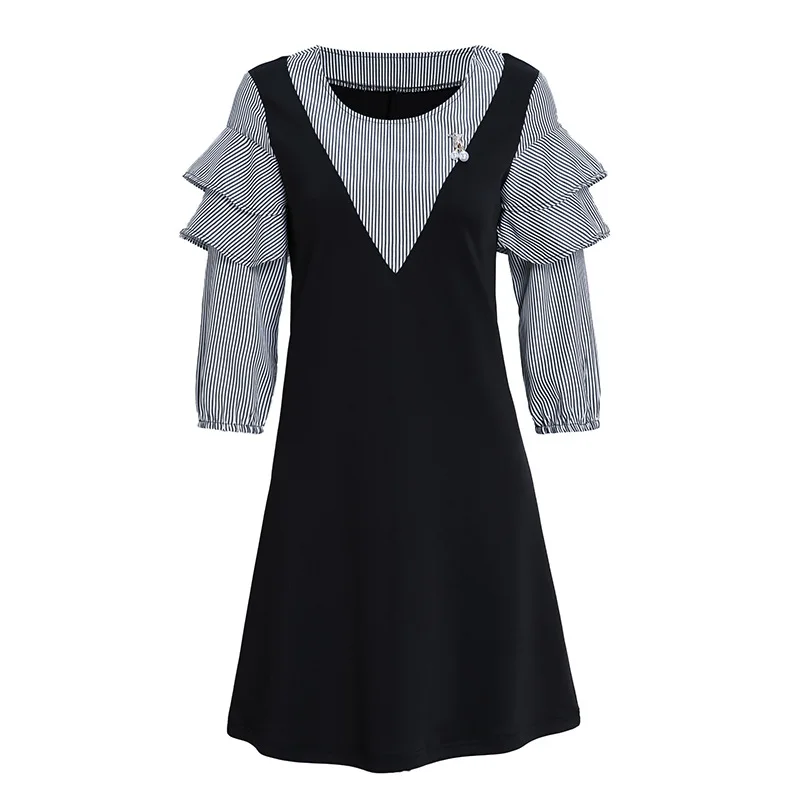 Дамская корейская версия нового платья на весну и осень с полосатой отделкой и сочетанием модных подделок на семь точек рукава V.