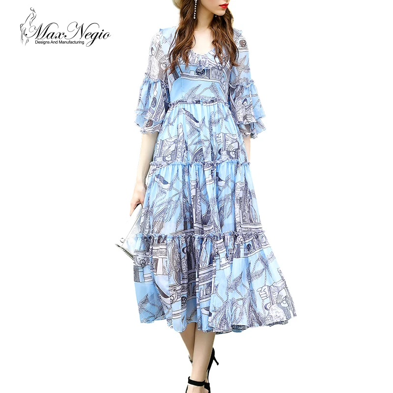Maxnegio женская стильный и элегантный dress половина рукава печать для пляжу