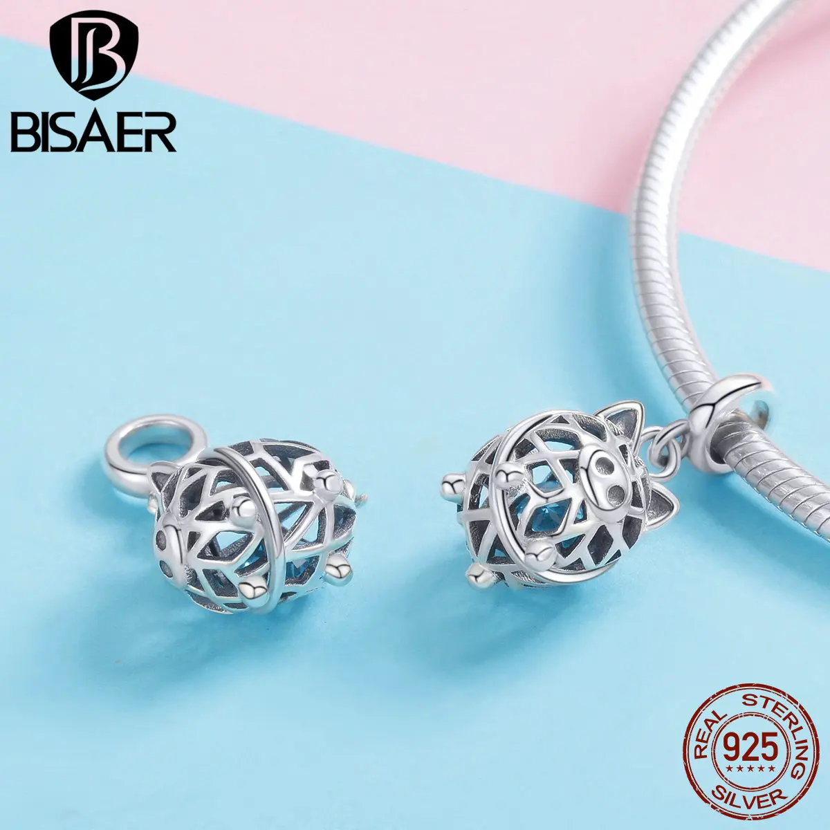 BISAER, новинка, 925 пробы, серебряная свинка, коллекция, амулеты, голубой циркон, свинья, животные, бусины, подходят для оригинальных браслетов, ювелирные изделия ECC1006